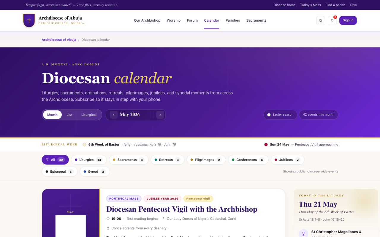 Diocesan calendar with liturgical seasons, sacraments, ordinations