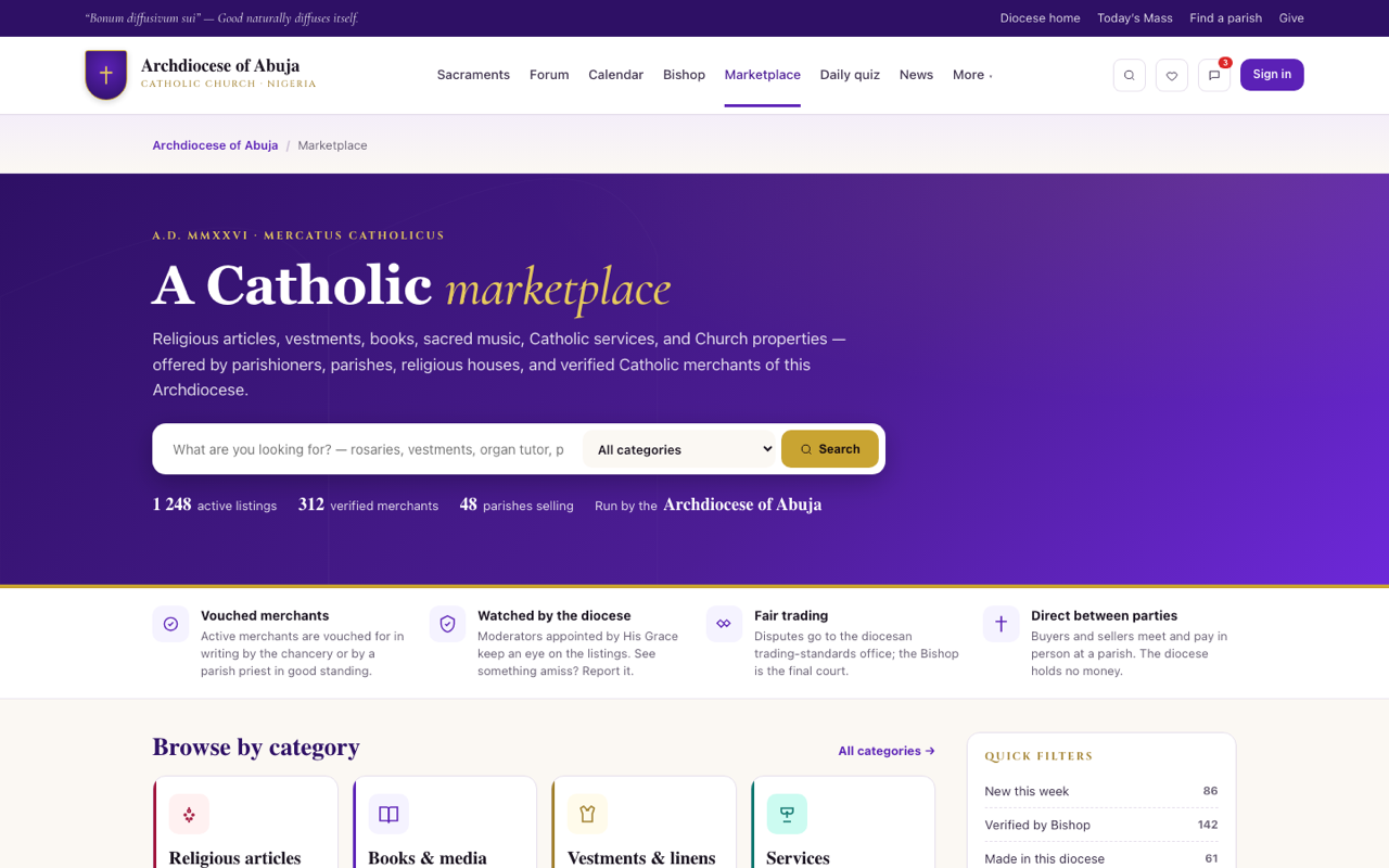 Diocesan marketplace — vetted Catholic merchants and parish-direct goods