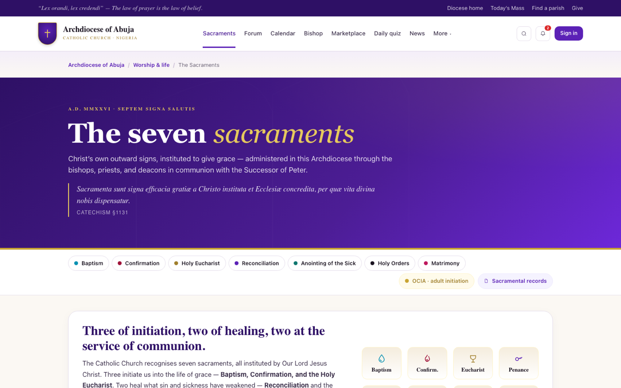 Sacraments module — diocese-wide registry across baptism, confirmation, holy orders