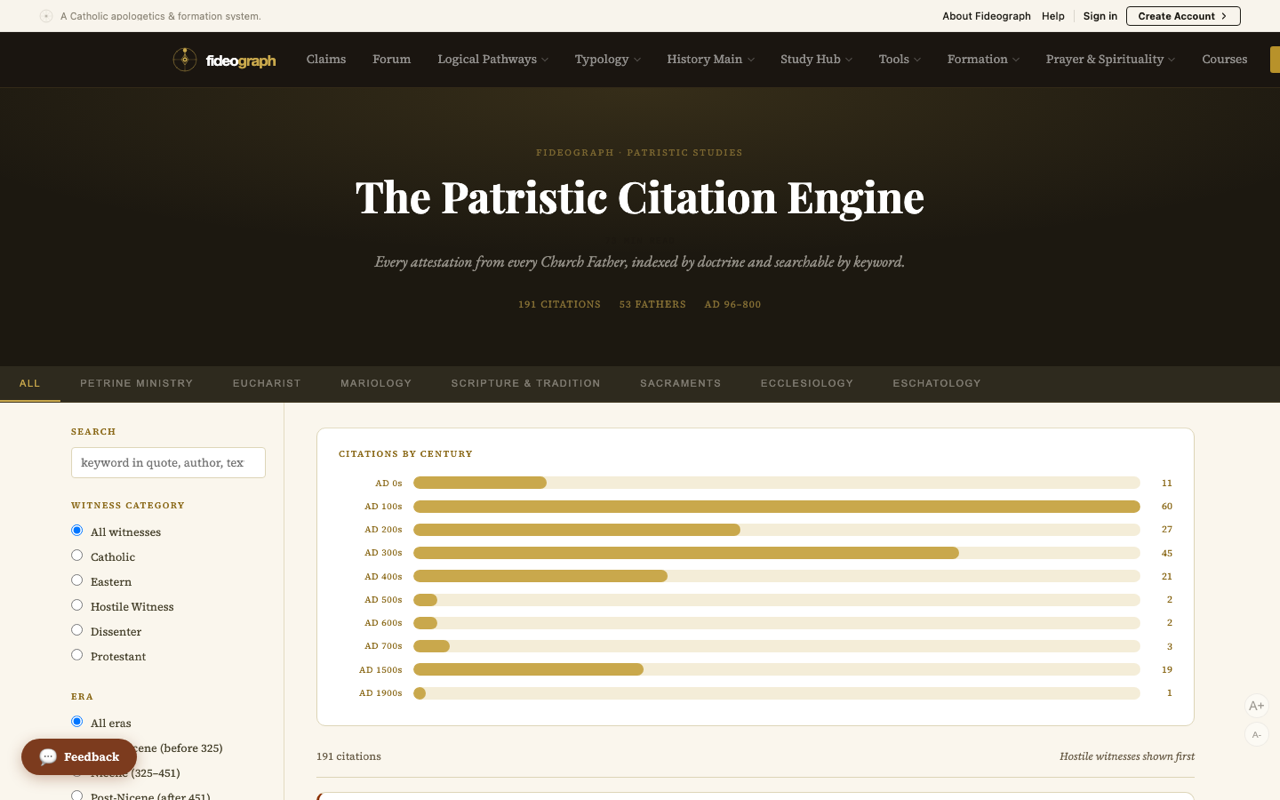 Patristic Citation Engine — 191 citations from 23 Fathers, AD 96–800